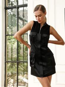 Anewsta Women's Sleeveless Collared Multi-Pocket Dress - Black - View 5