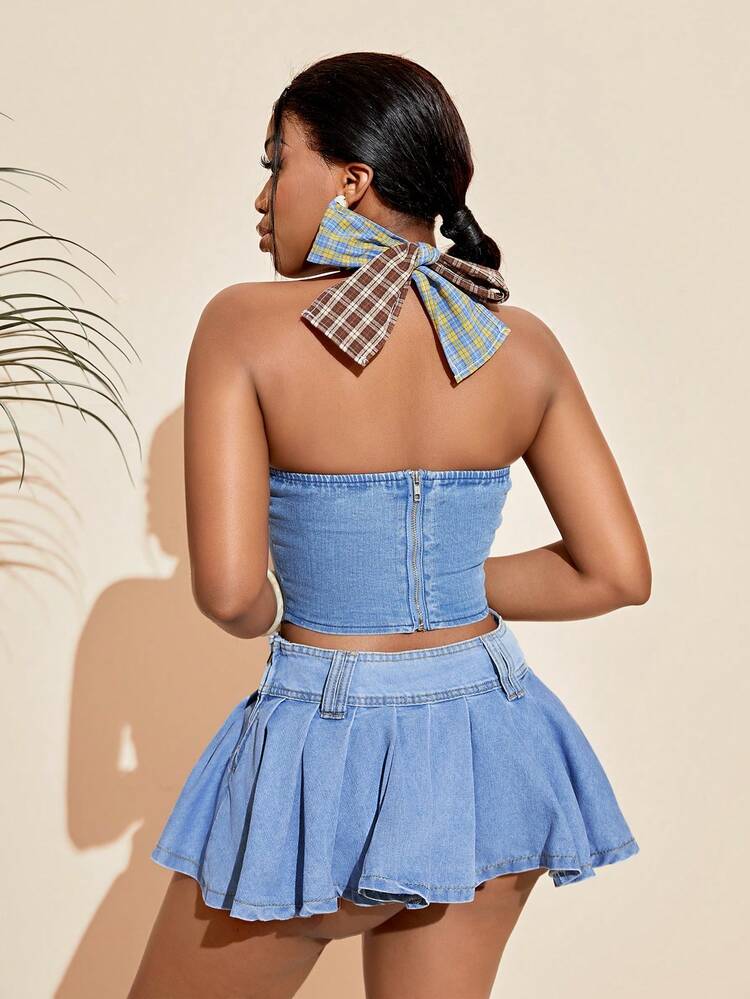 Women's Plaid Patchwork Halter Denim Top
