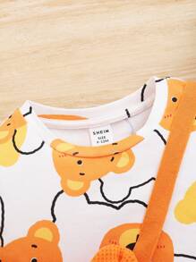 SHEIN Baby Boy'S Cute Bear Pattern Short Sleeve Top With Diagonal Shoulder Bag Set