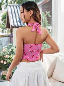 SHEIN Qutie 女式櫻桃印花打結前開背馬甲上衣,高低不一的下擺,適合夏季出門穿著 - 彩色 - 查看 2