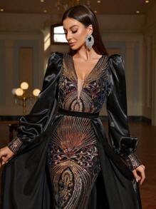 Faeriesty Plunging Neck Lantern Sleeves Sequin Formal Dress - Black - View 4