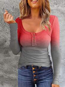 SHEIN LUNE 女士漸層長袖t恤,圓領和鈕扣裝飾 - 紅色 - 查看 1