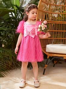 SHEIN Young Girl Big Bow Decor Short Puff Sleeve Dress - Multicolor - View 3