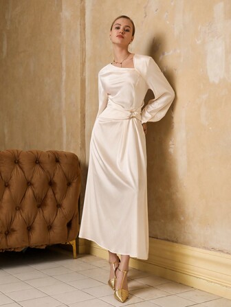 Anewsta Women'S Solid Color Asymmetrical Lapel Wrap Dress