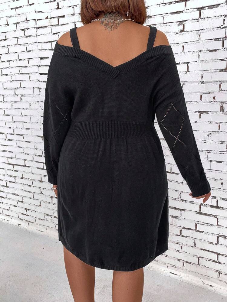 Plus Size Cold Shoulder Knitted Sweater Dress With Sheer Panel And Diamond Pattern
