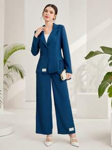 Seusyu Ladies' Solid Color Blazer With Badge Detail - Blue - View 6