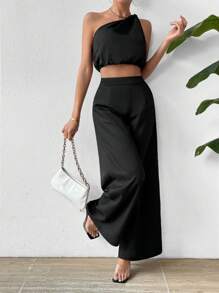 Chiquease Conjunto De Pantalón Y Top Sin Mangas Con Un Solo Hombro Para Mujer