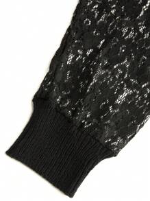 SHEIN Unity Plus Size Women's Lace Patchwork Twist Knit Sweater, Pullover Knit Pullover Fall Winter - Black - View 3