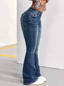SHEIN PETITE Bootcut Jeans With Washed Finish - Blue - View 2