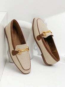 Zapato de mujer de estilo británico con caña alta para otoño/invierno, nuevo diseño de zapato casual retro de dos tonos, zapato de tacón plano con hebilla metálica y punta cuadrada, mocasín - Albaricoque - Ver 5