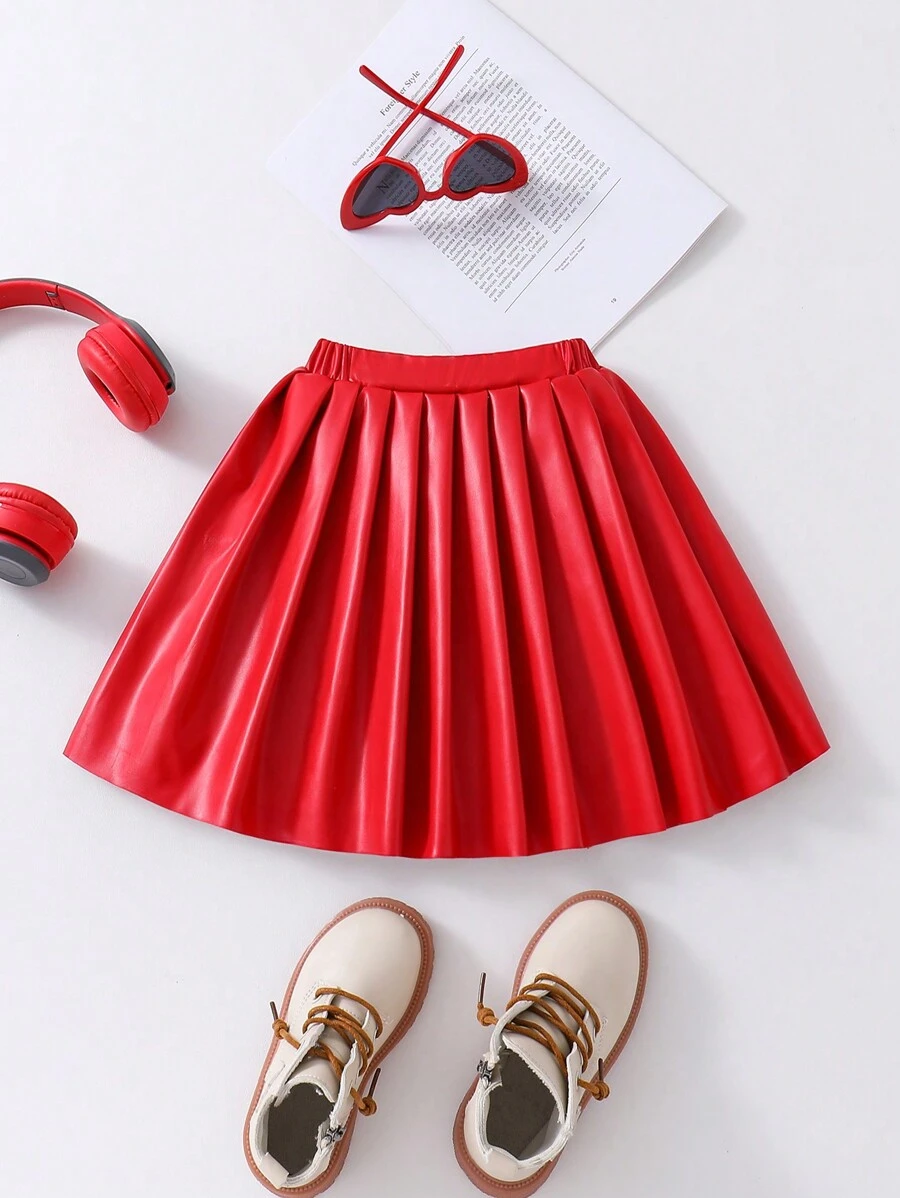 女孩的pu製褶皺裙 - 紅色 - 查看 1