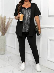 Calvaya Plus Size Decor Soft Contrast Sequin Short Sleeve T-Shirt And Fitted Pants Casual 2 Pieces Outfits For Summer