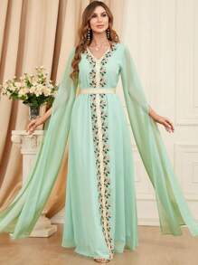 Women's Super Long Sleeve Embroidered Trim Patchwork Dress - Green - View 1