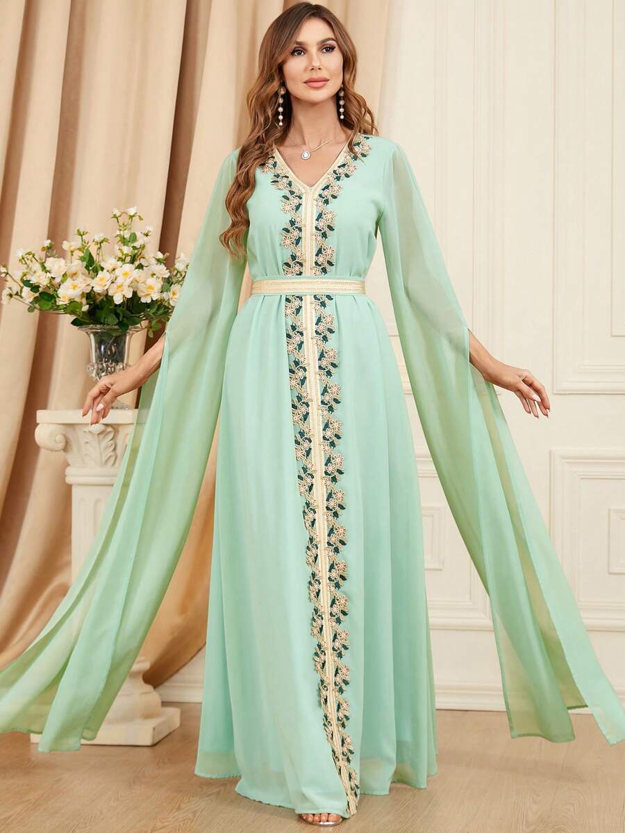 Women's Super Long Sleeve Embroidered Trim Patchwork Dress - Green - View 1