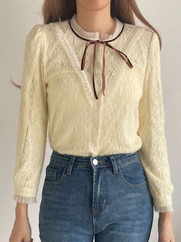 Women's Thickened Fleece Lace-Up Collar Shirt