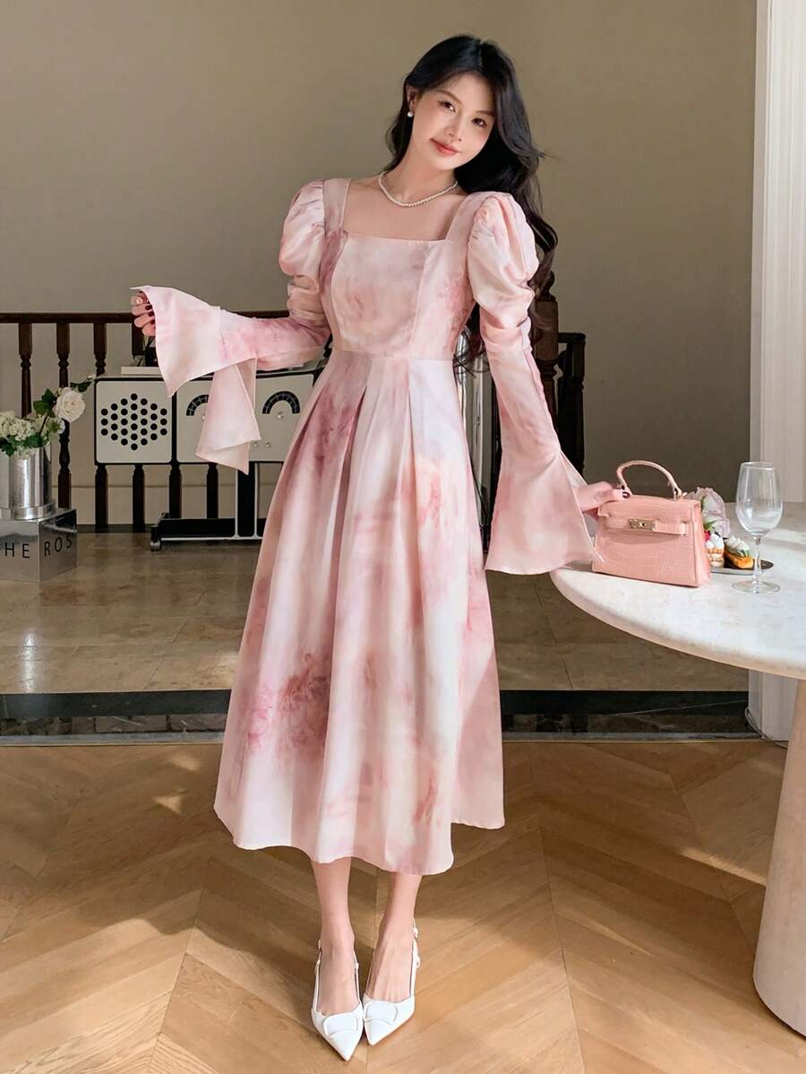 DAZY Ink-Washed A-Line Dress With Cinched Waist And Flared Sleeves Floral,Ruffle,Fall Dress