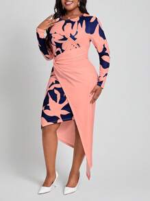 SHEIN Lady 大尺碼女款幾何印花高低下擺連身裙 - 彩色 - 查看 5