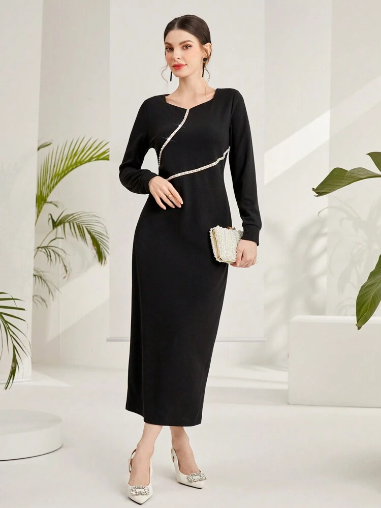 Women's Beaded Weaving Splicing, High Slit Dress Fall Cloth For Women