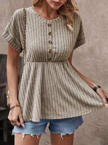 SHEIN LUNE Tricou pentru damă, culoare uni, cu dungi în dungi - Caisă - Vizualizare 4