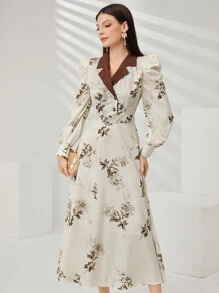Modelyn Robe longue pour femme avec col rabattu et imprimé botanique, style blocs de couleurs