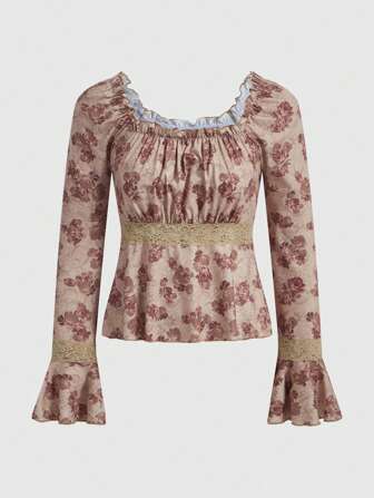 Fairycore Damen U-Ausschnitt T-Shirt mit zierlichem Blumen Muster und Spitzenpaneelen an den Ärmeln