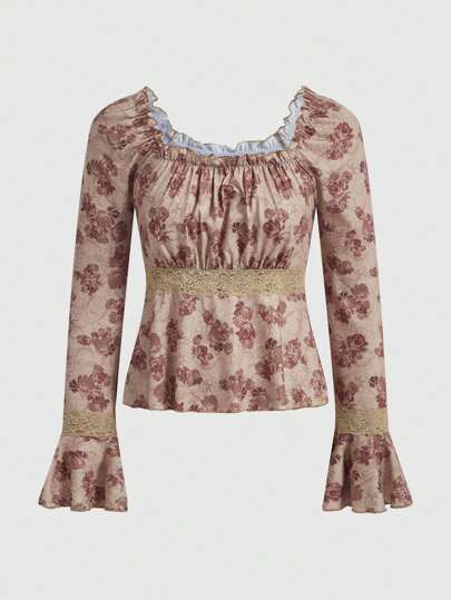 Fairycore Damen U-Ausschnitt T-Shirt mit zierlichem Blumen Muster und Spitzenpaneelen an den Ärmeln