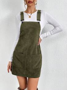 SHEIN Essnce Women's Double Pocket Suspender Dress - Army Green - View 3