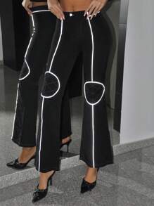 SHEIN ICON 女式夜光条纹喇叭裤 - 黑色 - 查看 5
