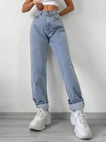 SHEIN PETITE High Waist Straight Leg Jeans - Medium Wash - View 5