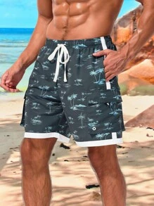 Surfspeed Men's Coconut Tree Print Drawstring Beach Shorts - Dark Grey - View 1