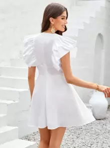 Aveloria Vestido De Mujer Con Pliegues En La Cintura Y Adorno De Volantes Con Cuello En V Y Color Sólido - Blanco - Ver 2