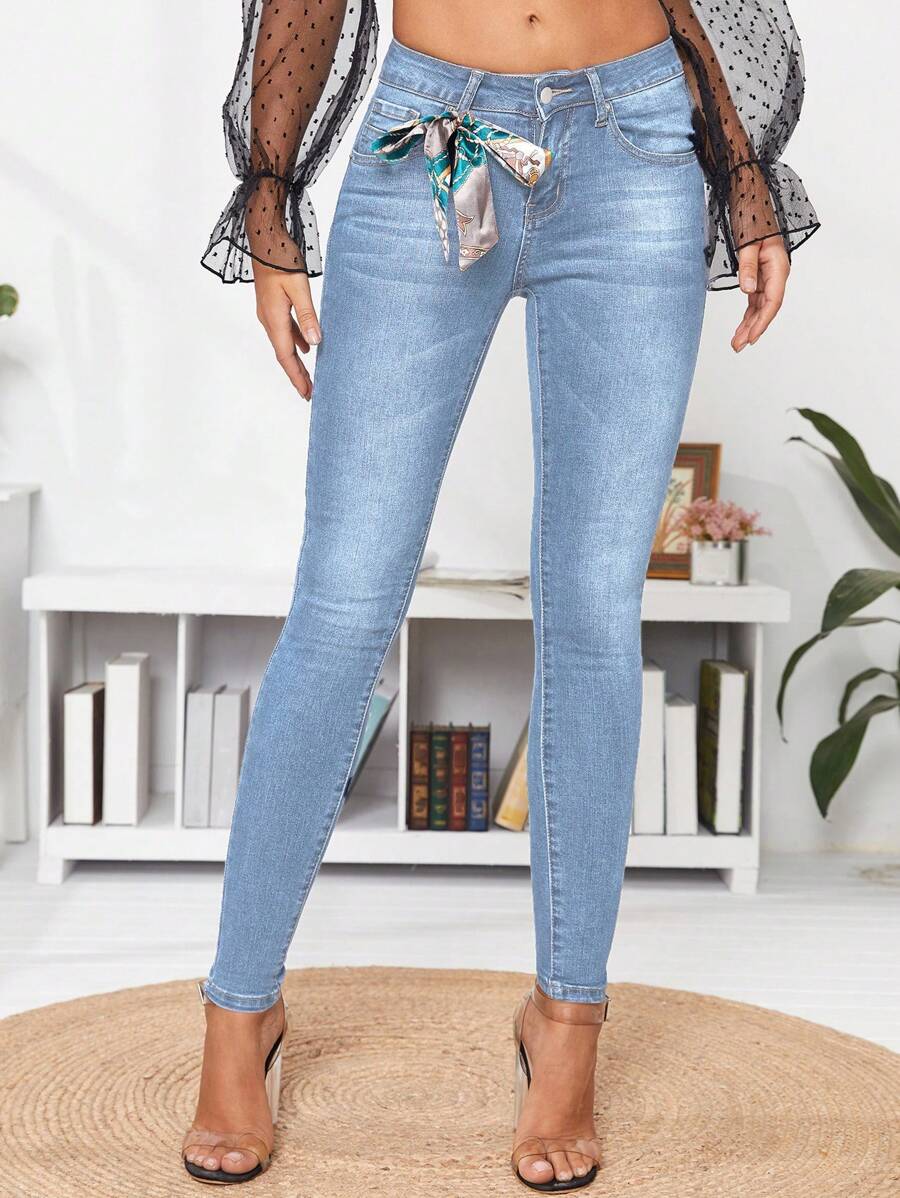 SHEIN Cottnline Women's High-waist Slim Fit Denim Pants - Baby Blue - View 1