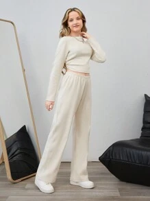 RueChic Thiếu niên Cô gái Màu thuần Top Cây trồng Và Dài Quần Bộ - trắng - Xem 3