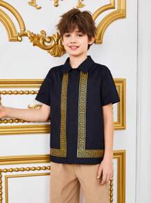 Tween Boy'S Casual Collared Geometric Pattern Jacquard Woven Shirt - Blue - View 4