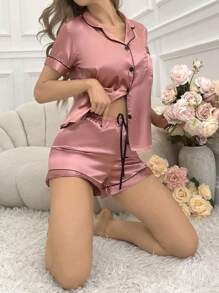 LuxeNights Bộ đồ ngủ hai mảnh gồm áo ngắn tay và quần short phối màu, đồ mặc nhà chất liệu lụa giả - Màu Hoa hồng đỏ - Xem 3