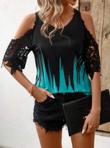 SHEIN LUNE Của phụ nữ In hoa Off-shoulder Ren Vá lại Áo thun - Nhiều màu - Xem 5