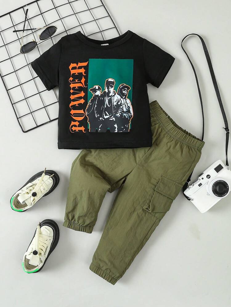2pcs Baby Boys' Character & Letter Printed Top And Green Pants Summer Outfits