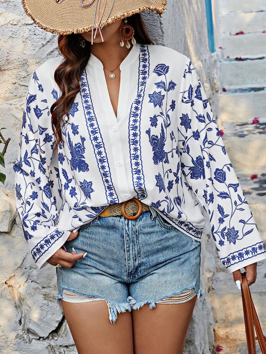 Breezaya 大尺碼花卉印花修身領襯衫 - 白色 - 查看 1