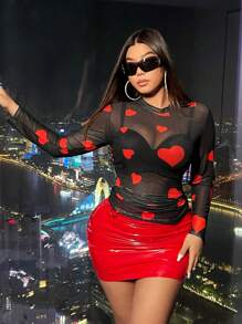 Flirla 大尺碼透明網眼愛心圖案長袖上衣 - 黑色 - 查看 7