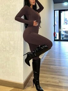 Damen einfarbiger V-Ausschnitt Langarm Rippstrick Jumpsuit, lässiger und figurbetont Stil für Frühling/Sommer - Kaffeebraun - Übersicht 7