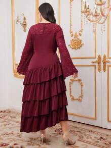 Modelyn Burgundy Red Plus Size Round Neck Multi-Layered Ruffle Hem Dress With Flounced Sleeves, Belt Not Included Long Evening Dresses - Burgundy - View 2