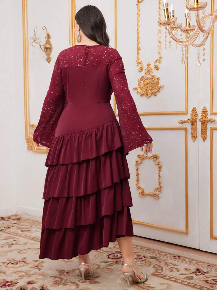 Burgundy Red Plus Size Round Neck Multi-Layered Ruffle Hem Dress With Flounced Sleeves, Belt Not Included Long Evening Dresses