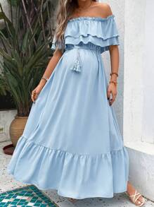 SHEIN 孕婦一字肩荷葉邊繫腰帶連衣裙 - 淺藍色 - 查看 5