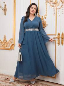 Modelyn Plus Size Women's Sparkly Waist Patchwork Bell Sleeve Dress - Dusty Blue - View 7