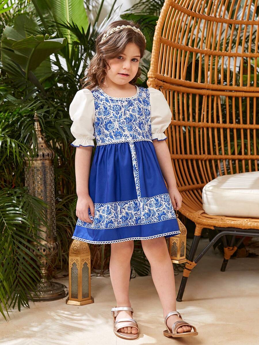 SHEIN Little Girl's Floral Print Puff Sleeve Dress - Multicolor - View 1