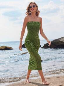 GENKIRA Floral Print Sleeveless Bandeau Dress - Green - View 5