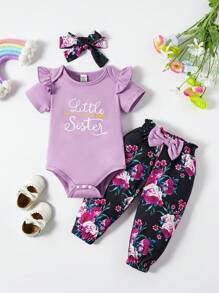 3入組寶寶女嬰連體短褲，蝴蝶和玫瑰花印花，套頭帶，夏季款