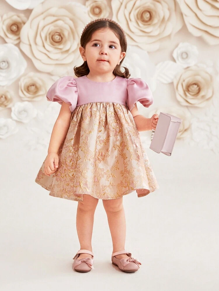 DRMZ Baby Girl Baby Girl Gorgeous Satin Bubble Short Sleeve Dress With Gold Floral Applique
