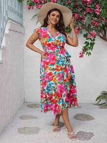 SHEIN VCAY Plus Size Floral Print Ruffles Wrap Dress - Multicolor - View 6