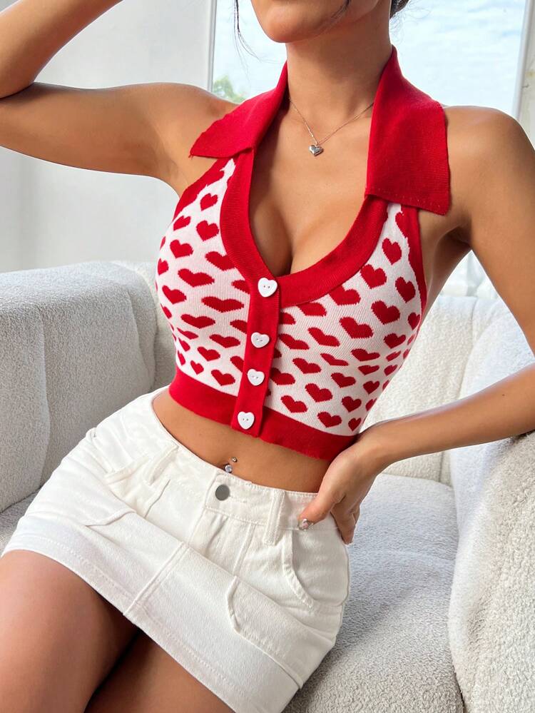 Heart Shaped Cutout Halter Knitted Top,Valentine's Day